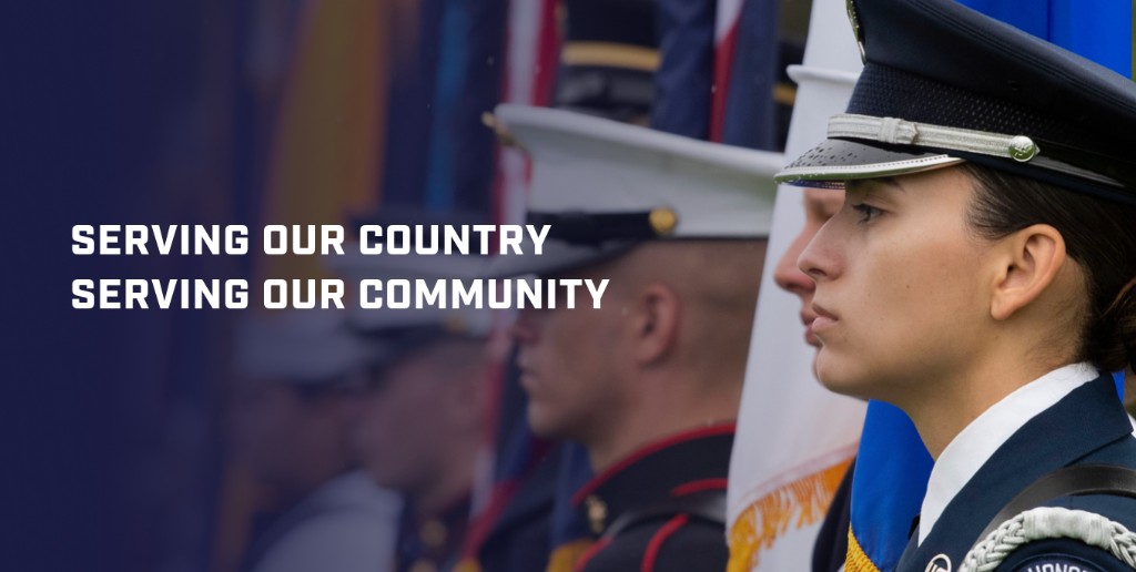 Service members in uniform with the line Serving our country, serving our community